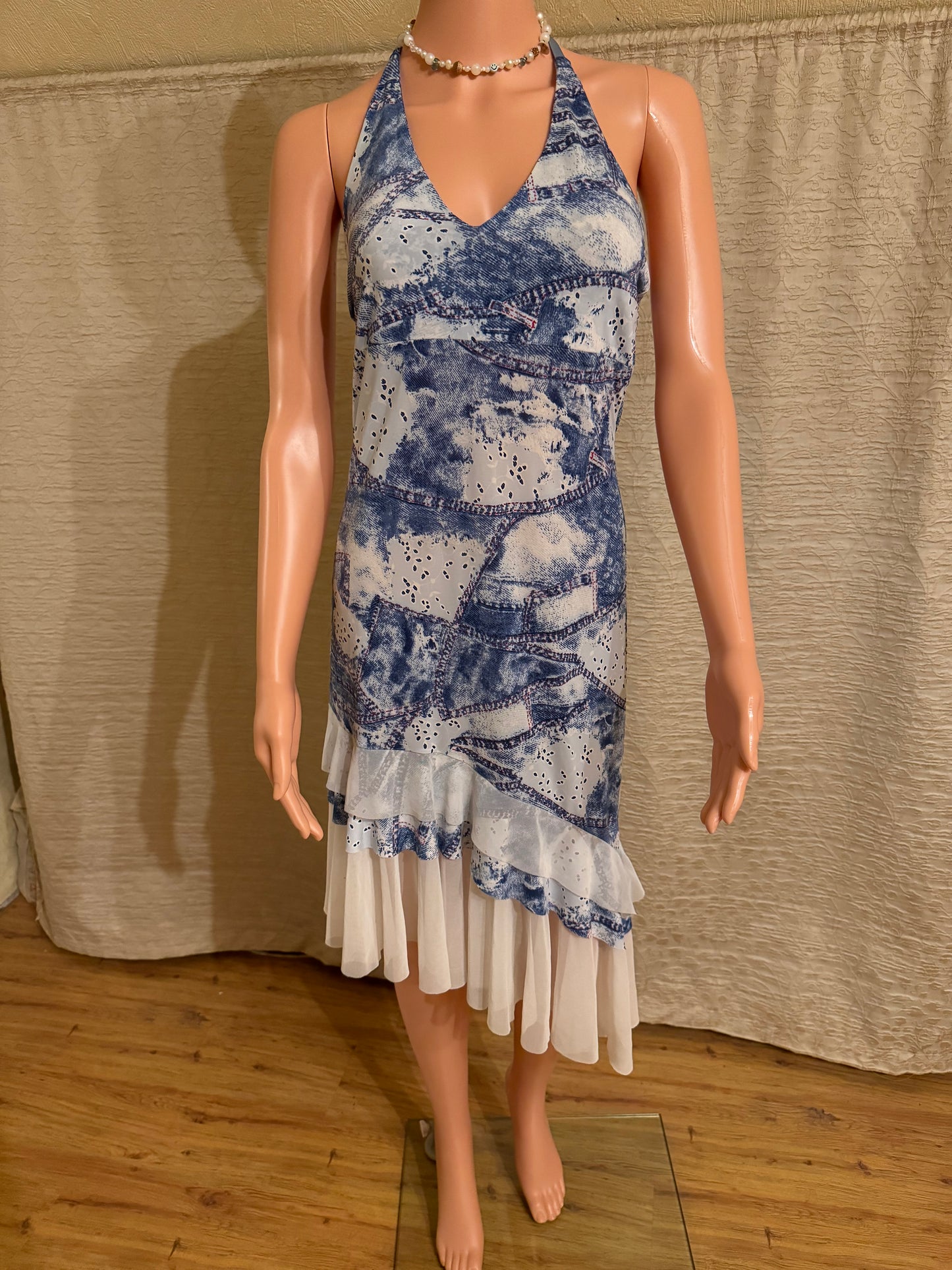 Halter-Neck Dress with Faux Denim and Sheer Details