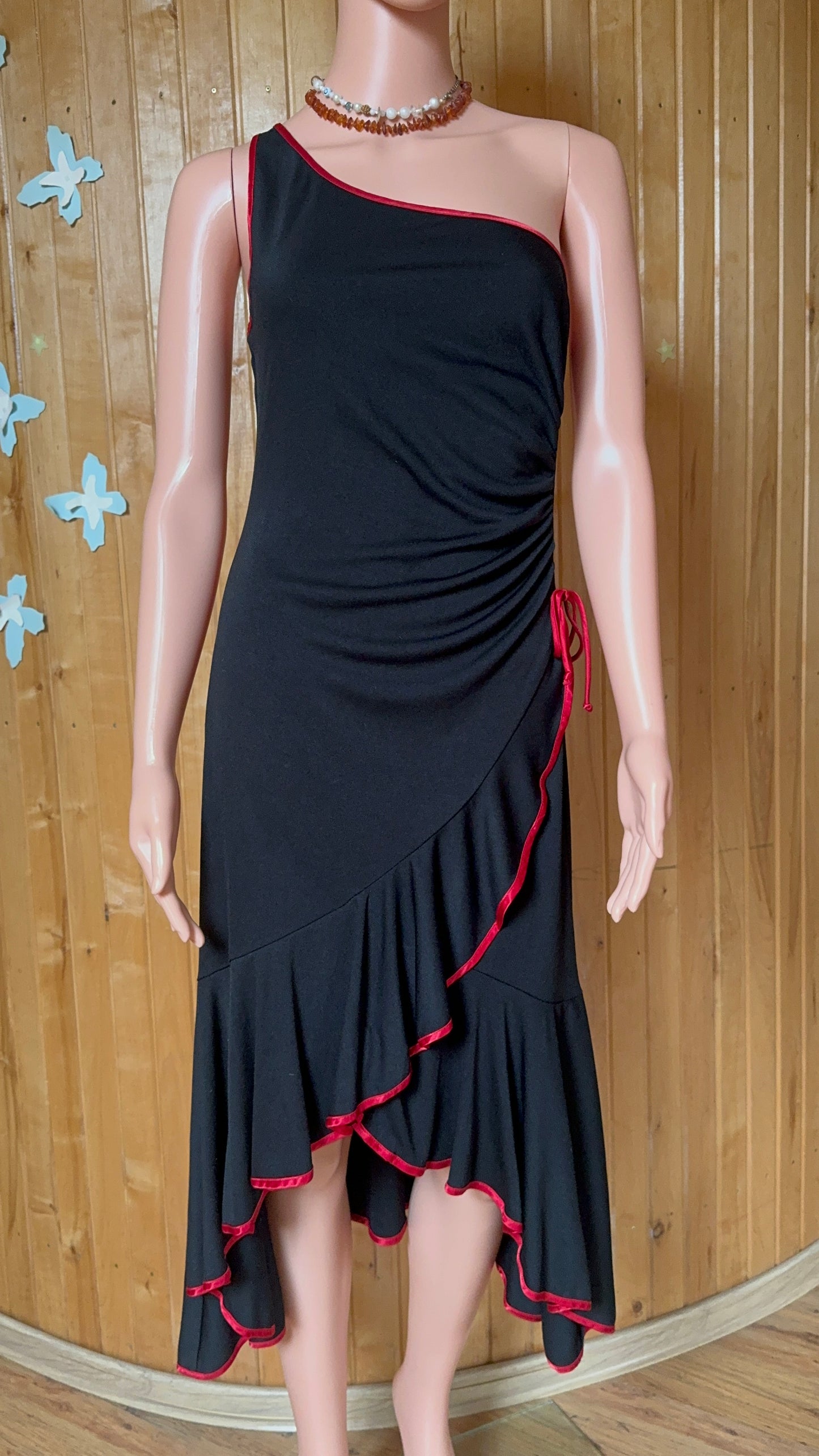 Vintage Black One-Shoulder Dress with Red Trim