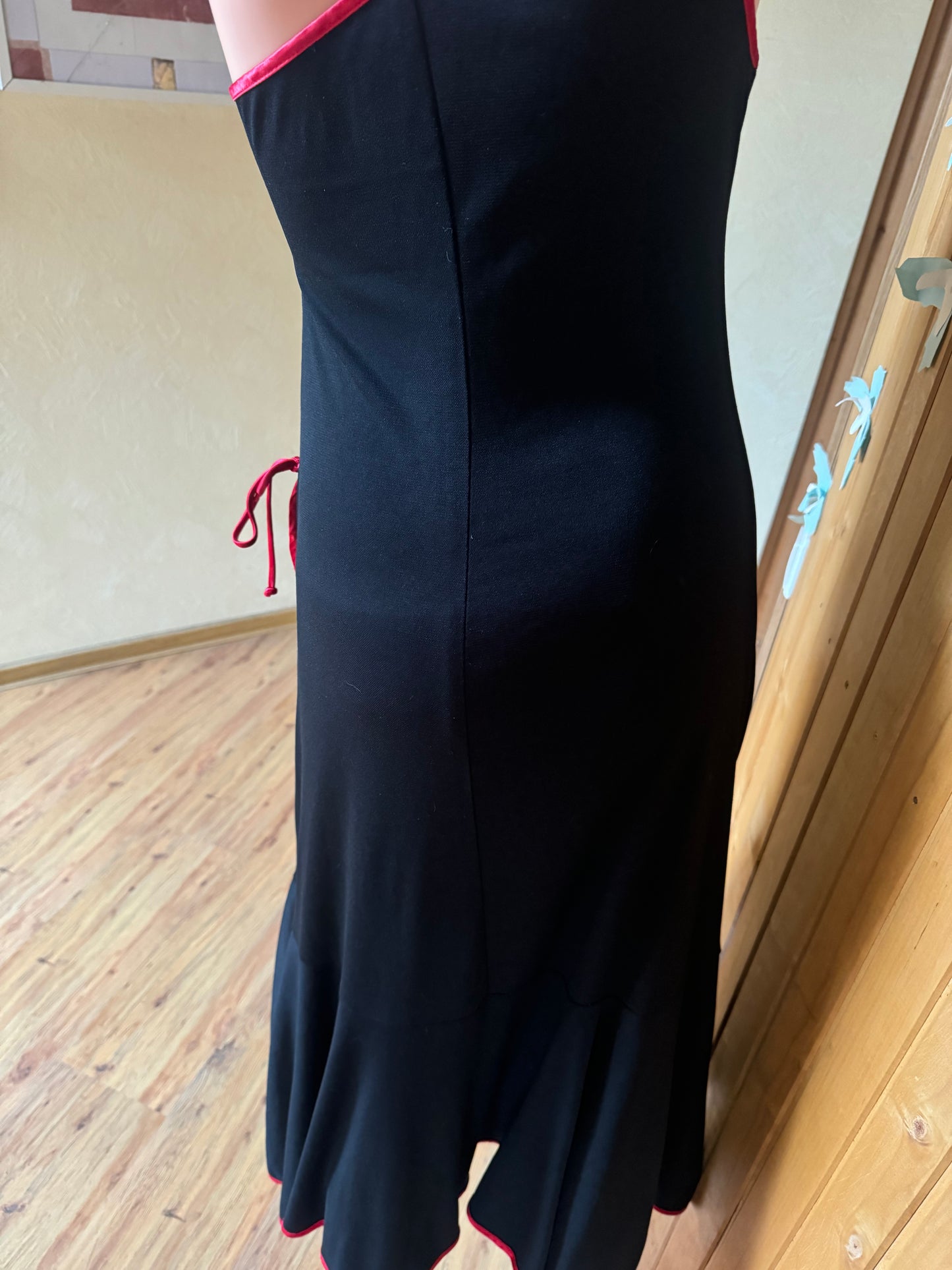 Vintage Black One-Shoulder Dress with Red Trim
