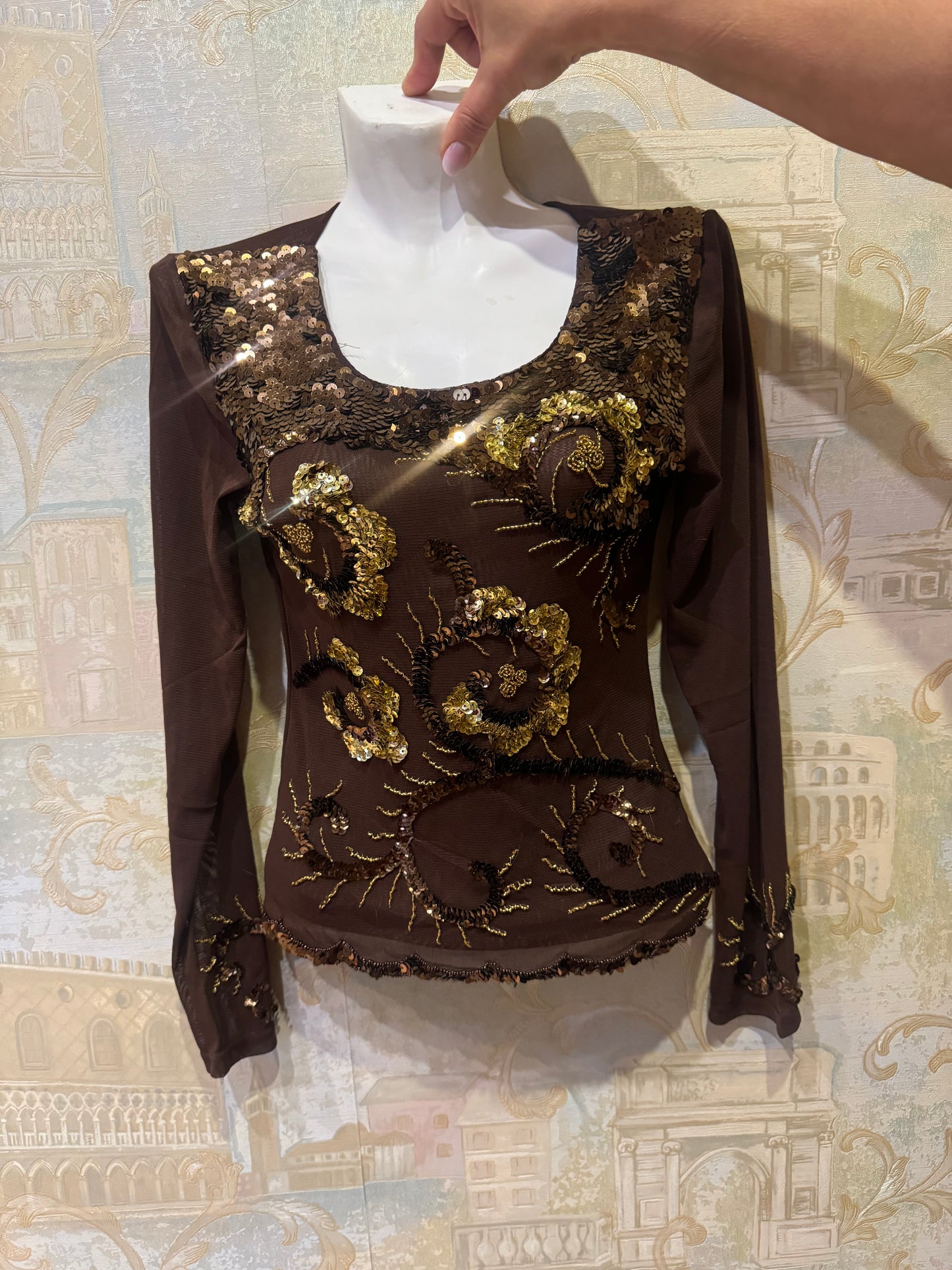 Brown Sequin Floral Long Sleeve Top