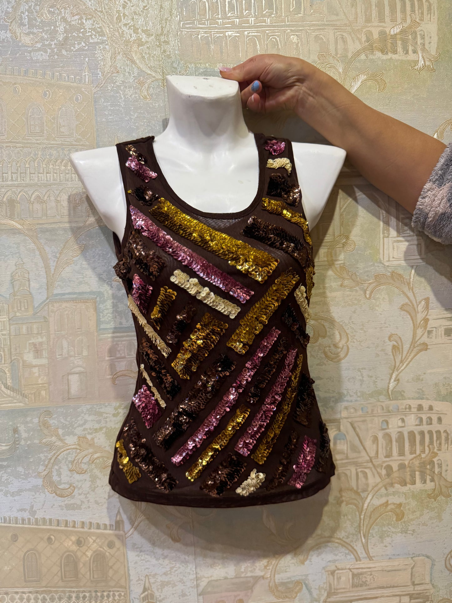 Brown Sequin Tank Top with Abstract Stripes