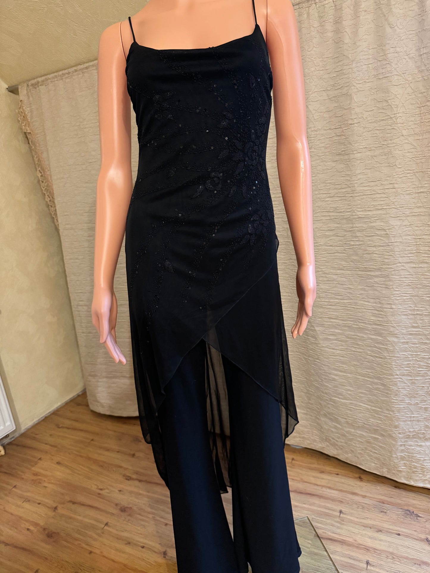 Elegant Black Jumpsuit with Asymmetrical Skirt Overlay