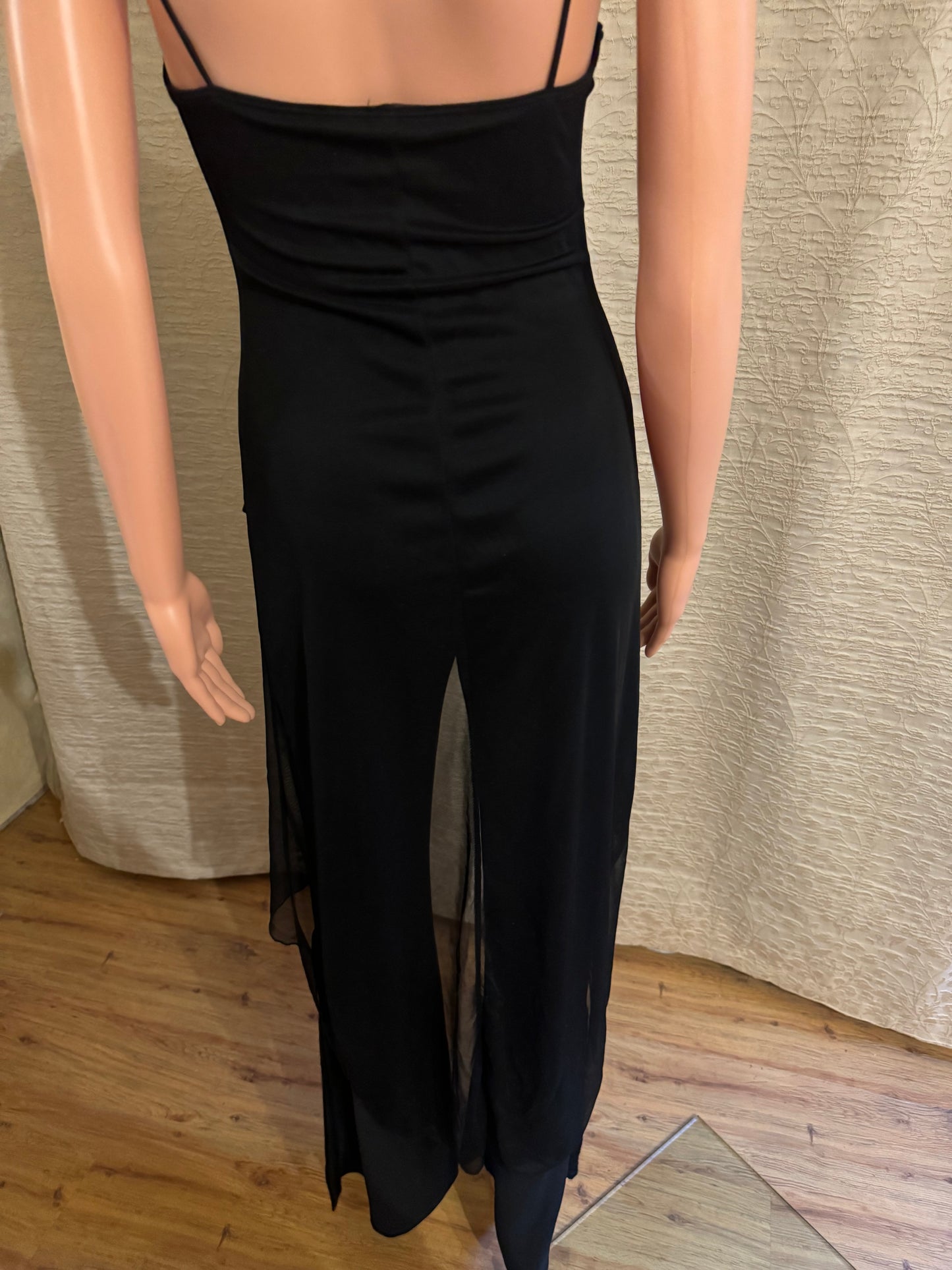 Elegant Black Jumpsuit with Asymmetrical Skirt Overlay