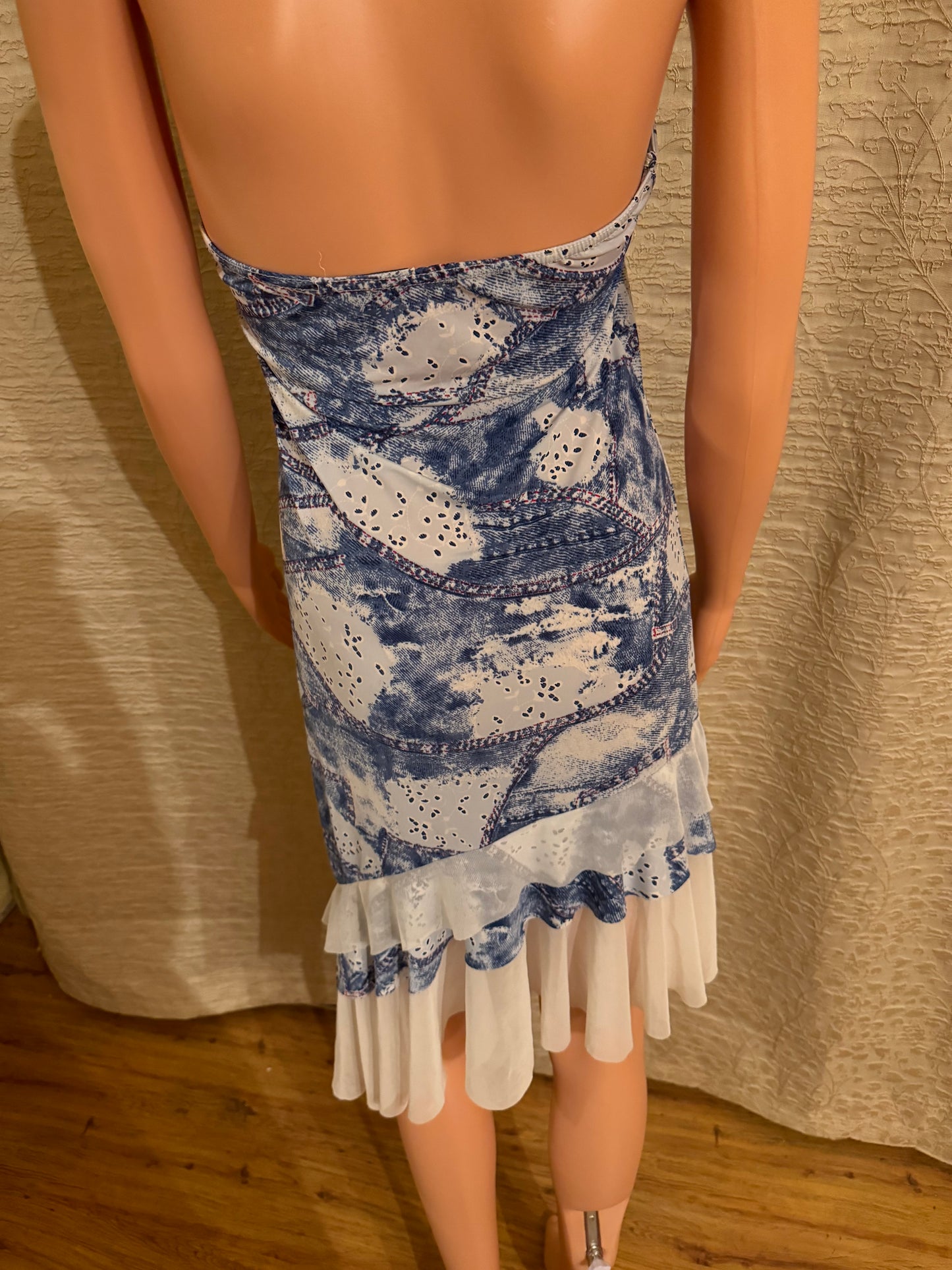 Halter-Neck Dress with Faux Denim and Sheer Details
