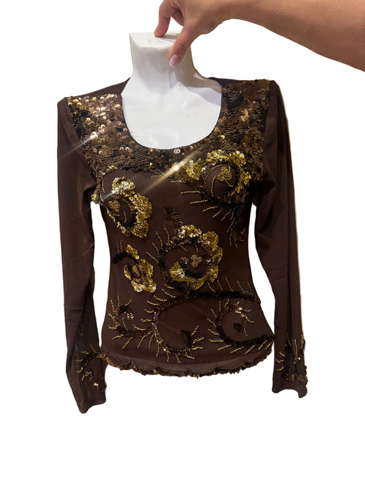 Brown Sequin Floral Long Sleeve Top