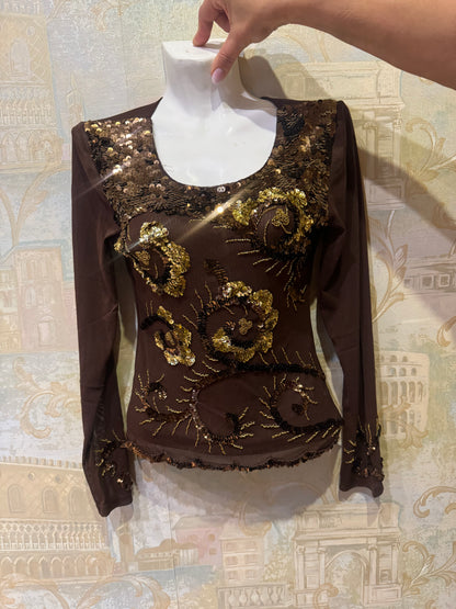 Brown Sequin Floral Long Sleeve Top
