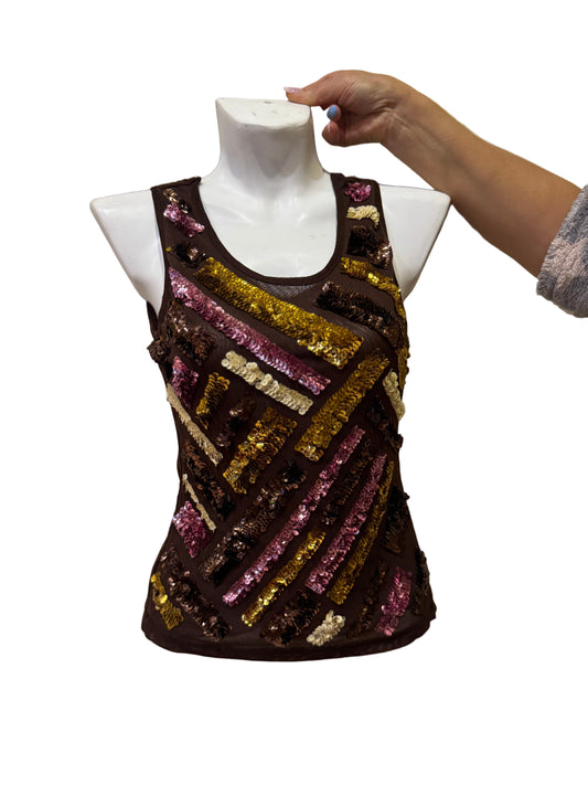 Brown Sequin Tank Top with Abstract Stripes