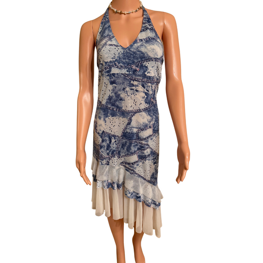 Halter-Neck Dress with Faux Denim and Sheer Details
