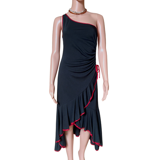 Vintage Black One-Shoulder Dress with Red Trim