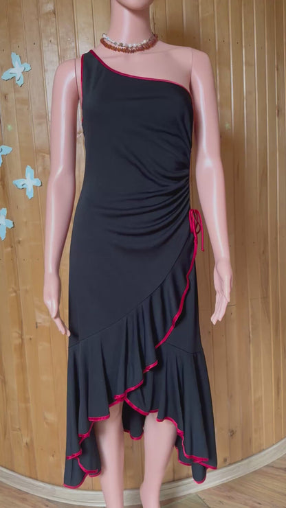 Vintage Black One-Shoulder Dress with Red Trim