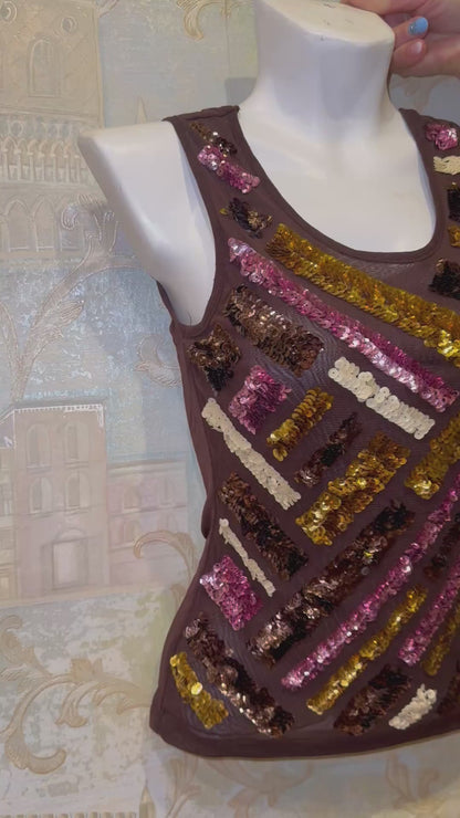 Brown Sequin Tank Top with Abstract Stripes