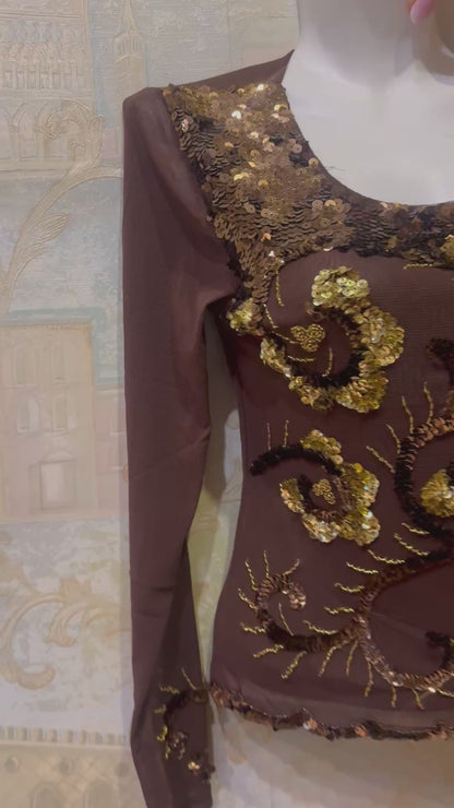 Brown Sequin Floral Long Sleeve Top